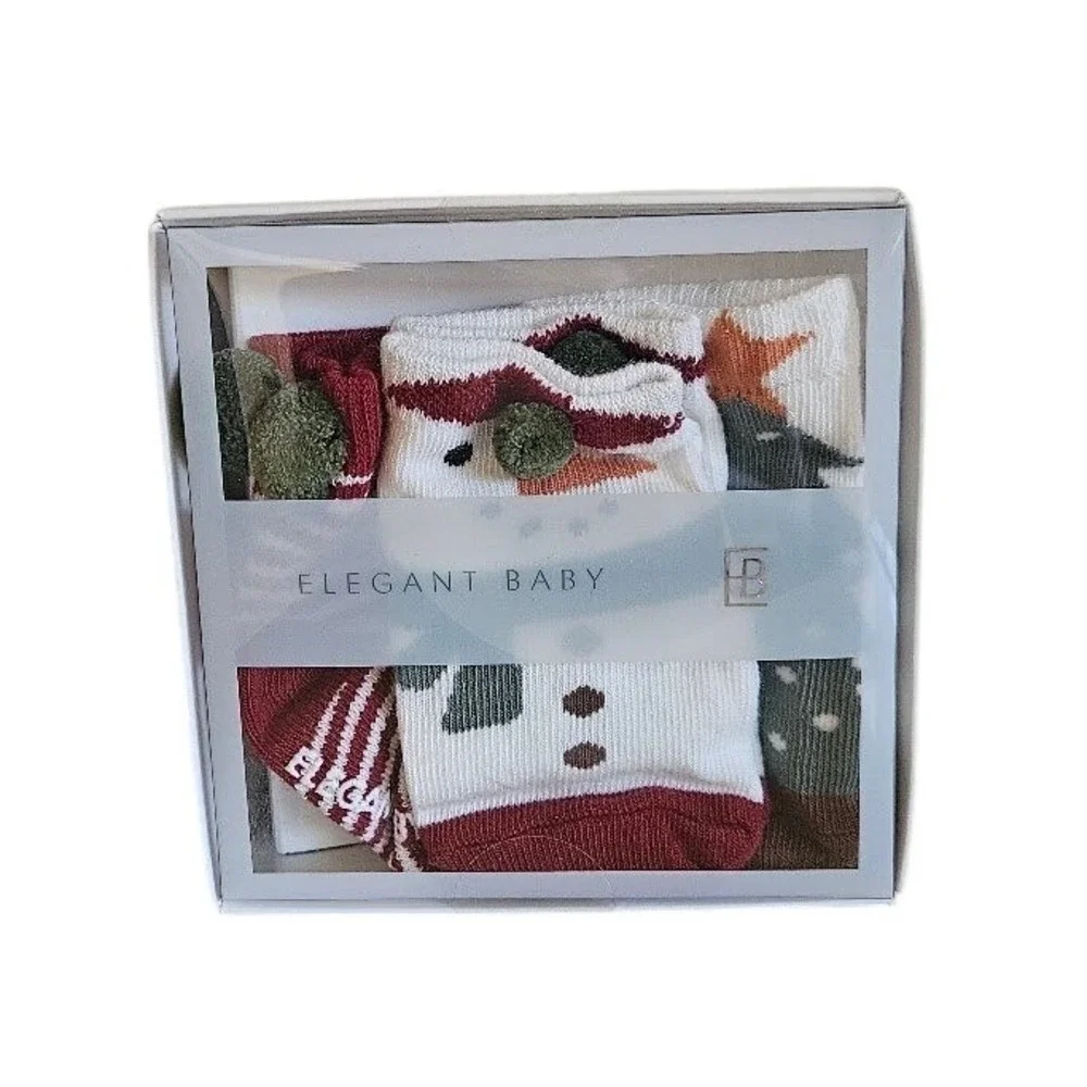 Elegant Baby 3 Pack Holiday Socks Snowman Christmas Tree Stripes 0-12M